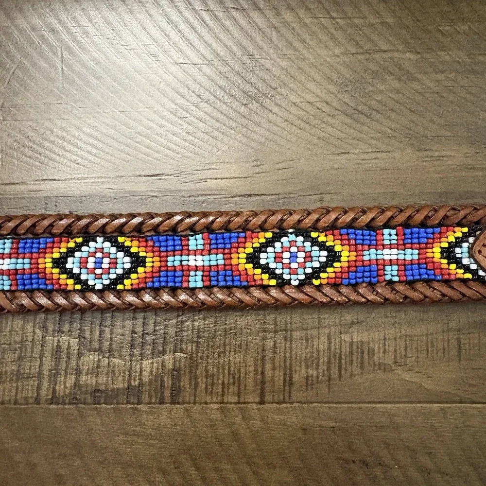 Vintage '91 BRIGHTON Belt Beaded Western ZUNI Carmel Brown Braid Leather Mens 38
